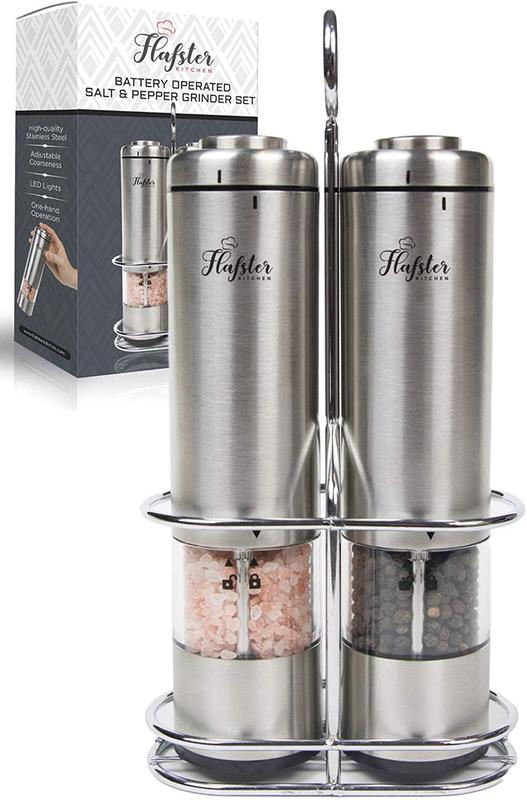 Flafster Kitchen Battery Operated Salt and Pepper Grinder Set - Electric Stainless Steel